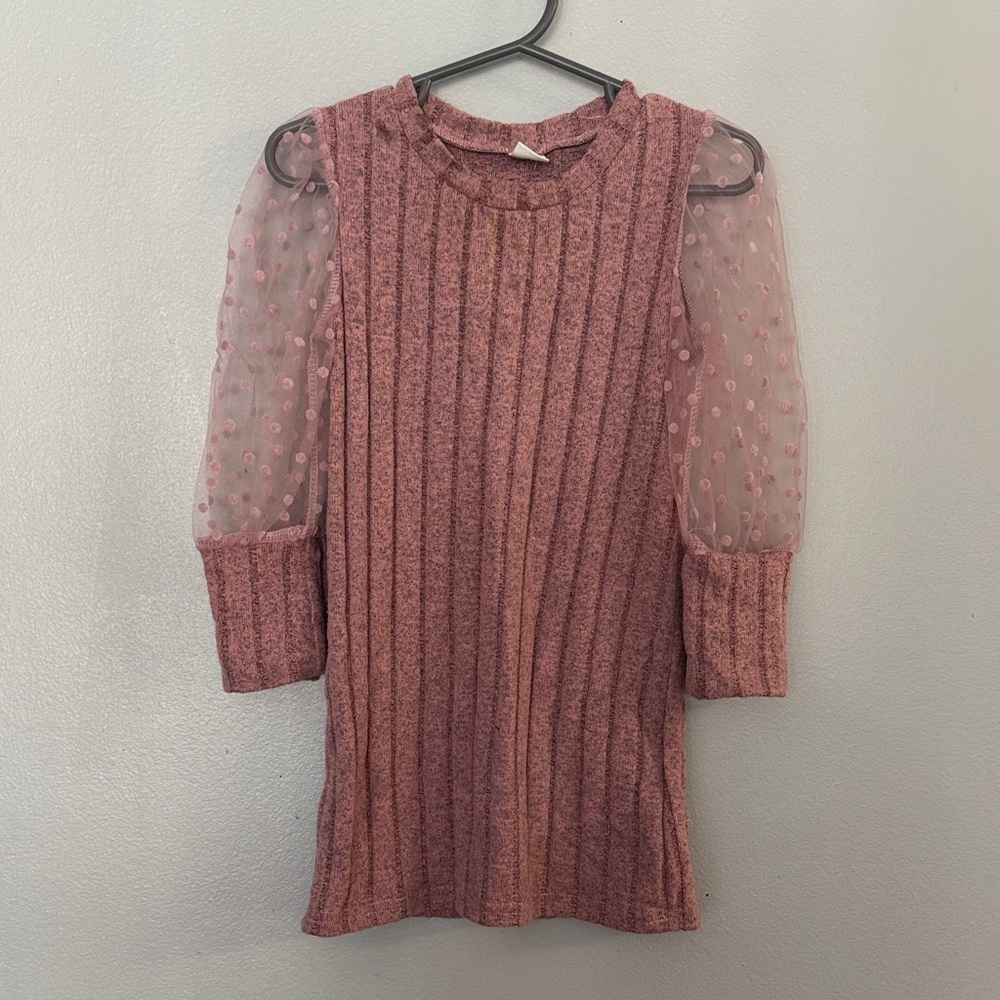 Pink Ribbed Top with Sheer Polka Dot Sleeves